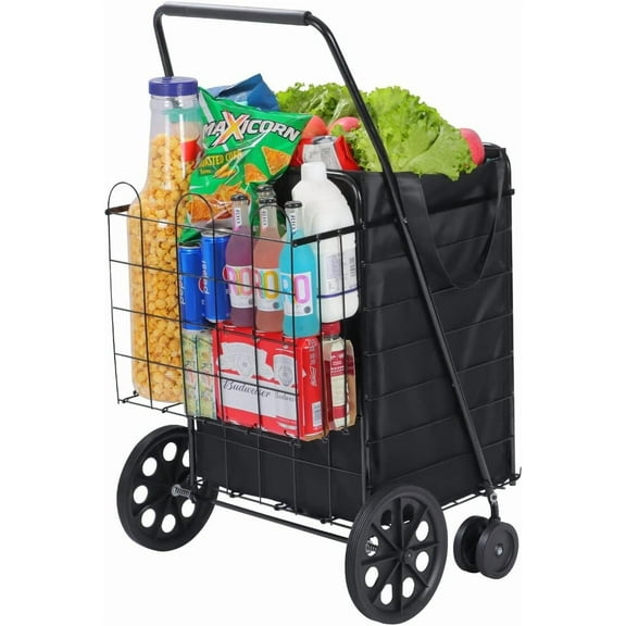 XiHuaZhaoChen Cart on Wheels with Removable Liner, Folding Shopping Cart,Heavy Duty Shopping Carts for Groceries,360° Rolling Laundry Cart,Black