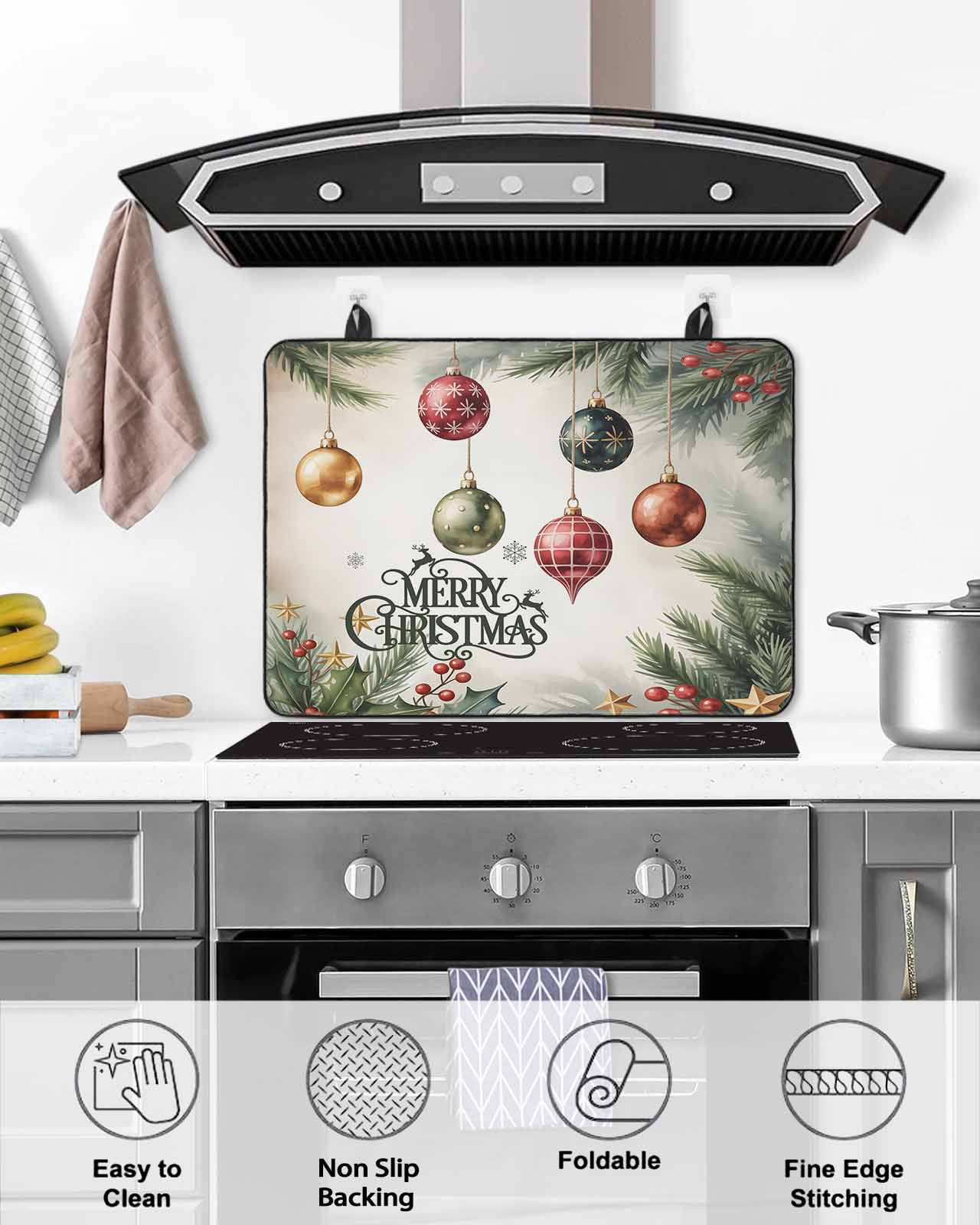 Large Induction Cooktop Protector Mat Christmas Stove Top Covers for Electric Stove, Winter Xmas Colorful Balls Pine Branches Decorative Stove Burner Cover Mats, Glass Top Stove Cover