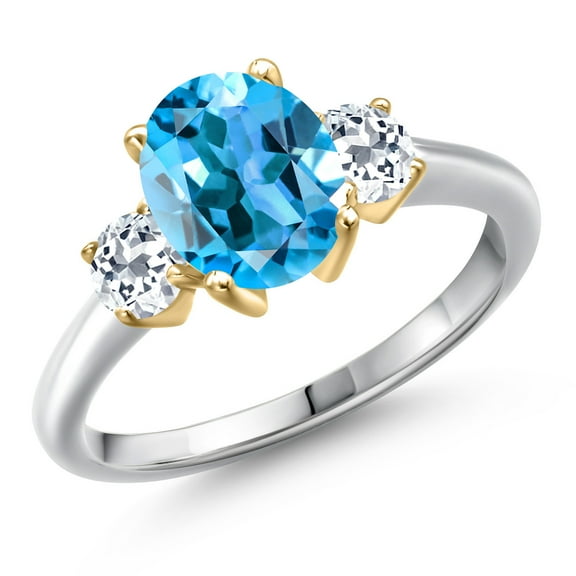 Gem Stone King 10K Two Tone Gold Swiss Blue Topaz and White Topaz Engagement Ring for Women | 2.91 Cttw | Oval 9X7MM | Gemstone November Birthstone | Size 5