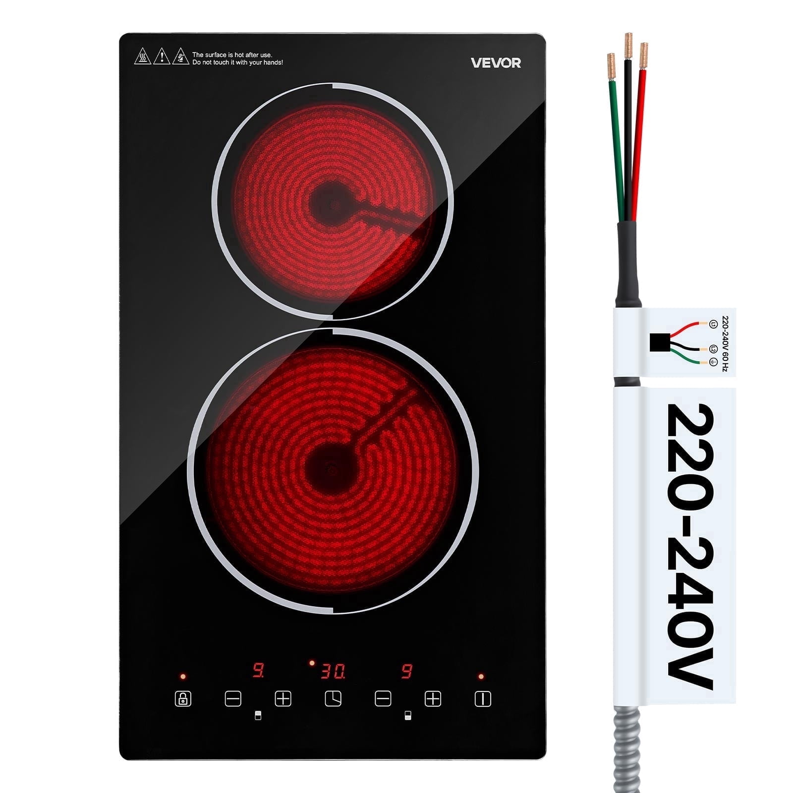 VEVOR Electric Cooktop 12inch 2 Burners Stove Top 3000W 220V No Plug, Ceramic Built-in Radiant Electric Stove, with 9 Power Levels, Timer, Child Lock, Over-Heat Guard, Touch Control