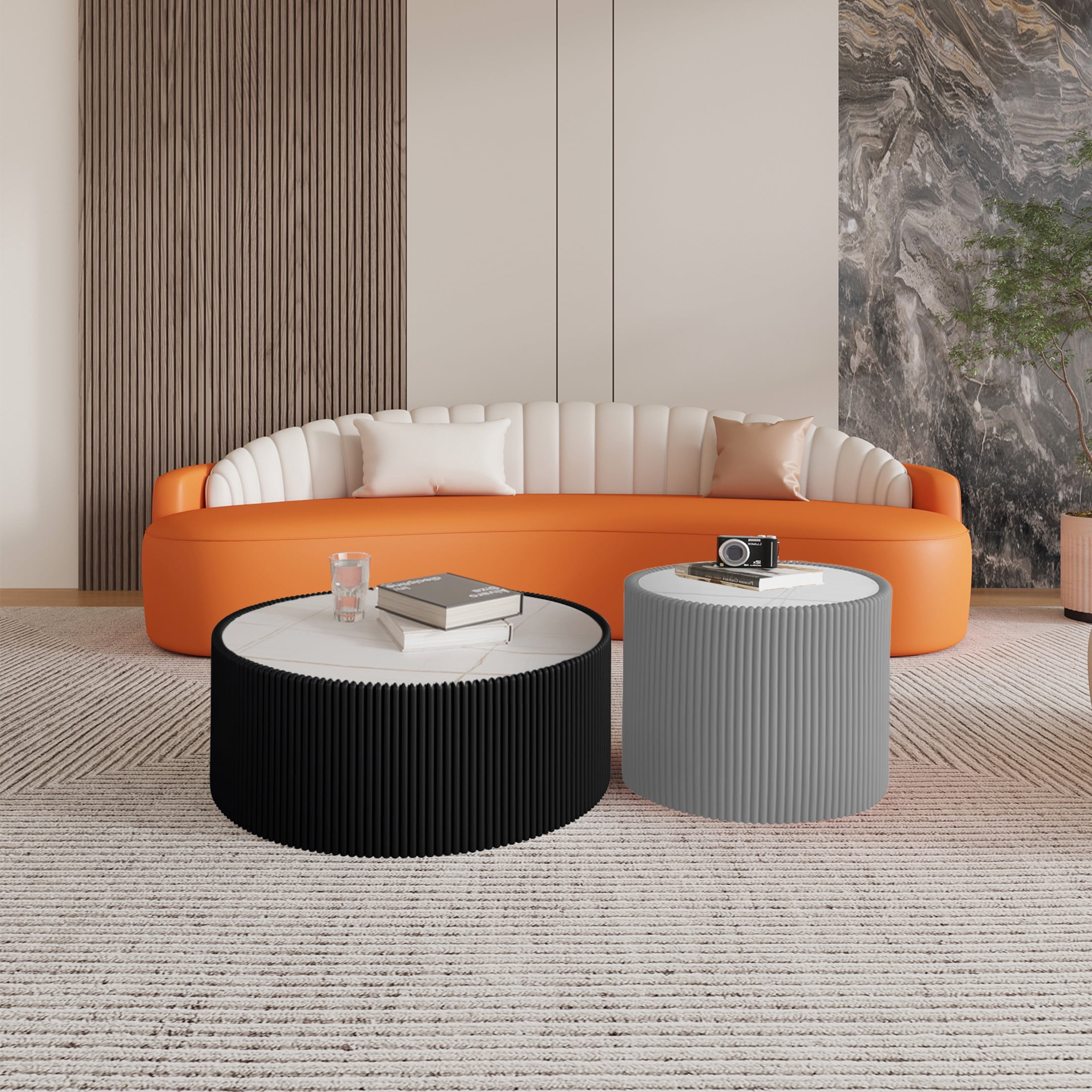Noble House Halvion 29" Cylinder Sintered Stone Coffee Table with Leather Wrapped Frame, Modern Sofa Table, Black