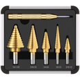 thumbnail image 1 of Broca escalonada, juego de brocas avellanadoras de titanio de 5 piezas con punzón central automático, HSS y revestimiento de titanio con carcasa de aluminio, hoja de corte doble, 1 of 5