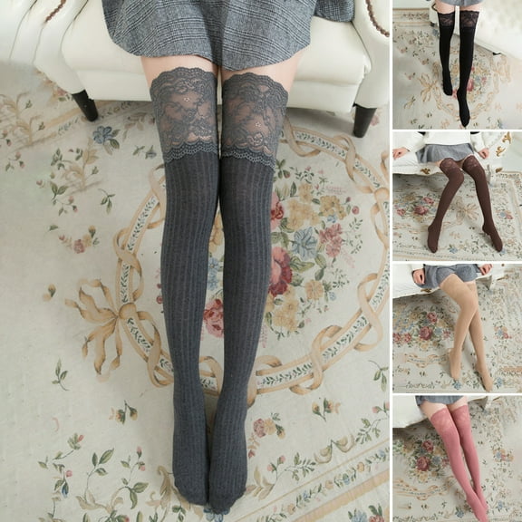 Naierhg Thermal socks 1 Pair Women Stockings Comfortable Lace Edge High Elasticity Over The Knee Anti-shrink Warm Solid Color Flower Embroidery Long Socks for Daily Wear White