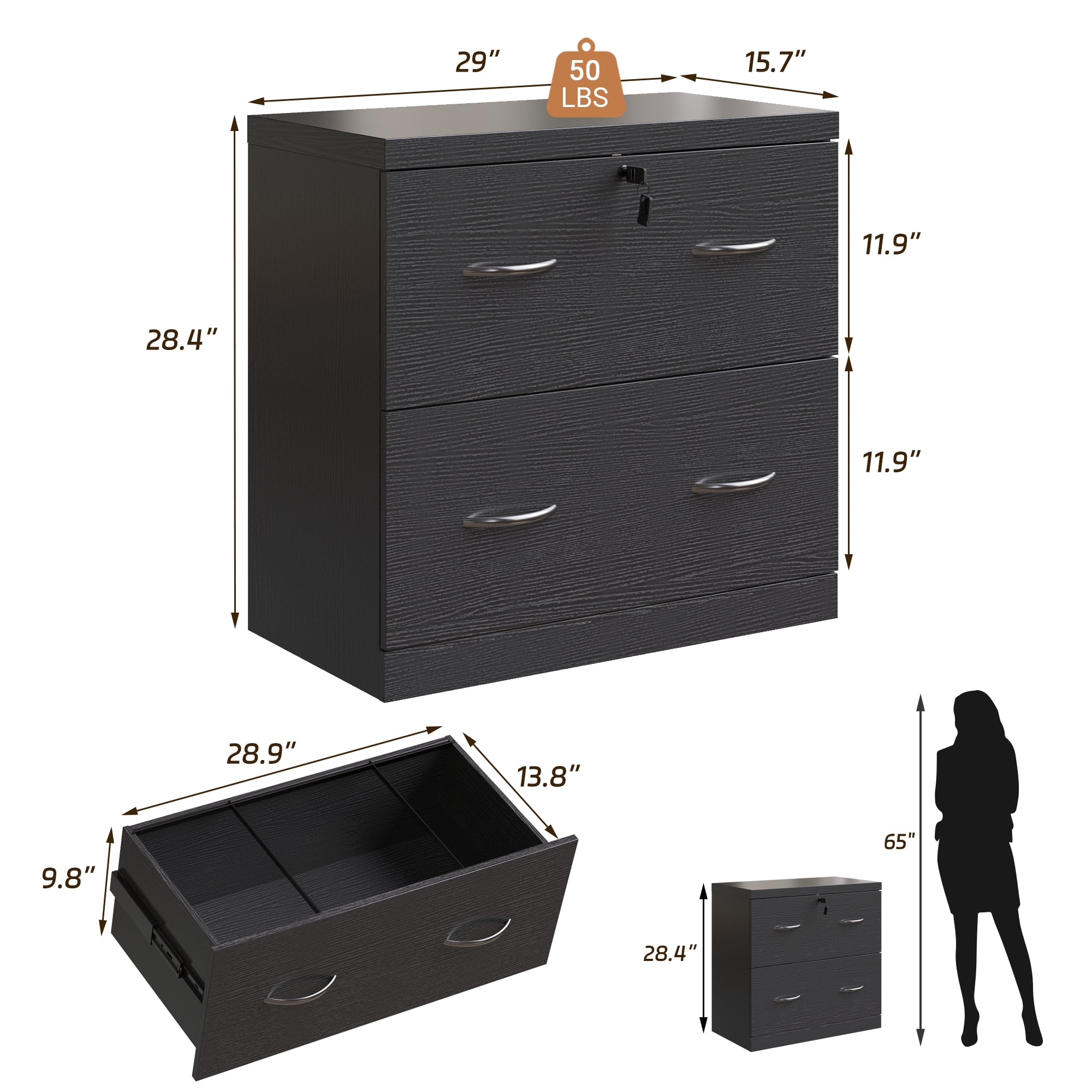 HMstone Farmhouse File Cabinet with Lock, 2 Drawer Lateral File Cabinet for Printer Stand, Large Wood Filing Storage Cabinet for Home Office, Fits A4/Letter Size Files, Black