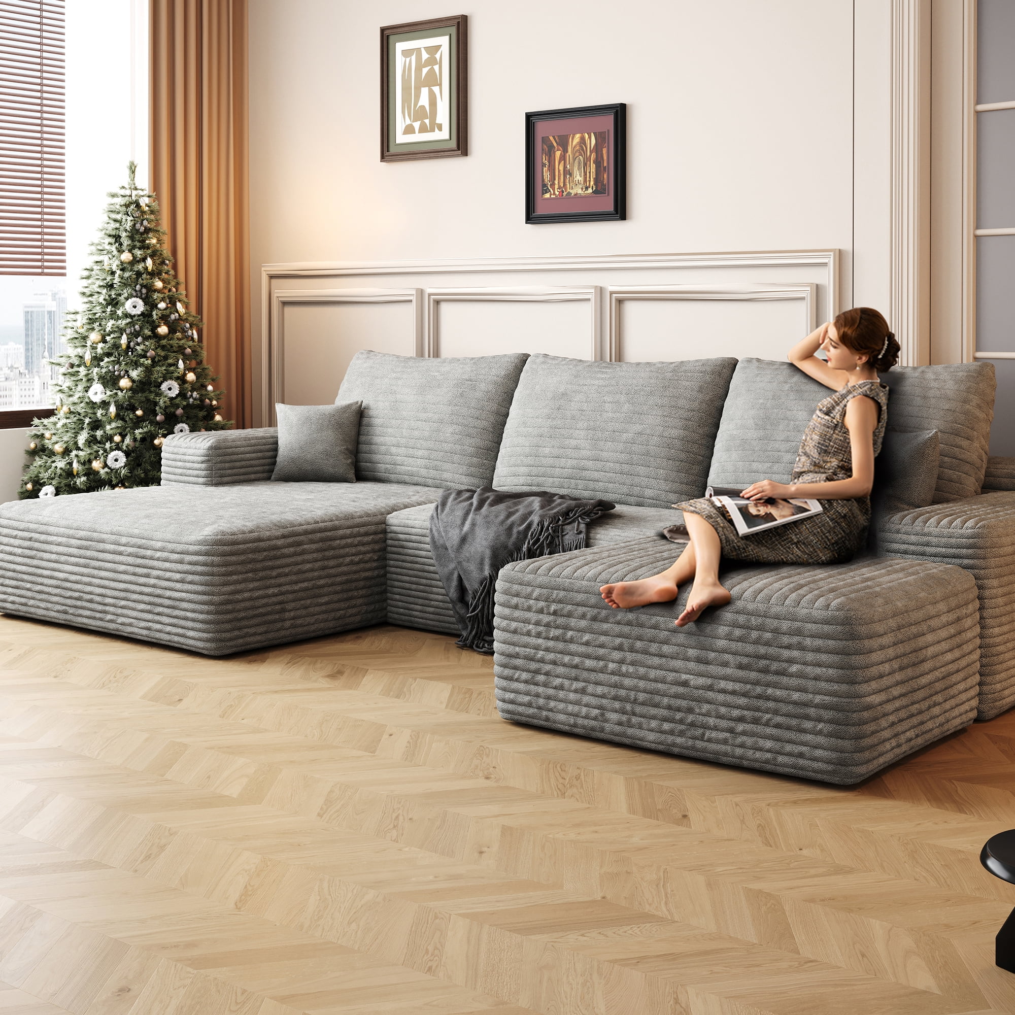 MAYEERTY 107" Cloud Sectional Sofa with 1 Ottoman, Modern Minimalist U-Shaped Deep Seat Couch, No Assembly Plush Corduroy Fabric, Gray (3 packages)
