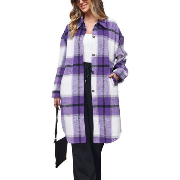 Womens Wool Blend Long Plaid Shacket Jacket Long Sleeve Lapel Button Down Shirt Jacket Pocketed Trench Coat with Pockets Fall Winter