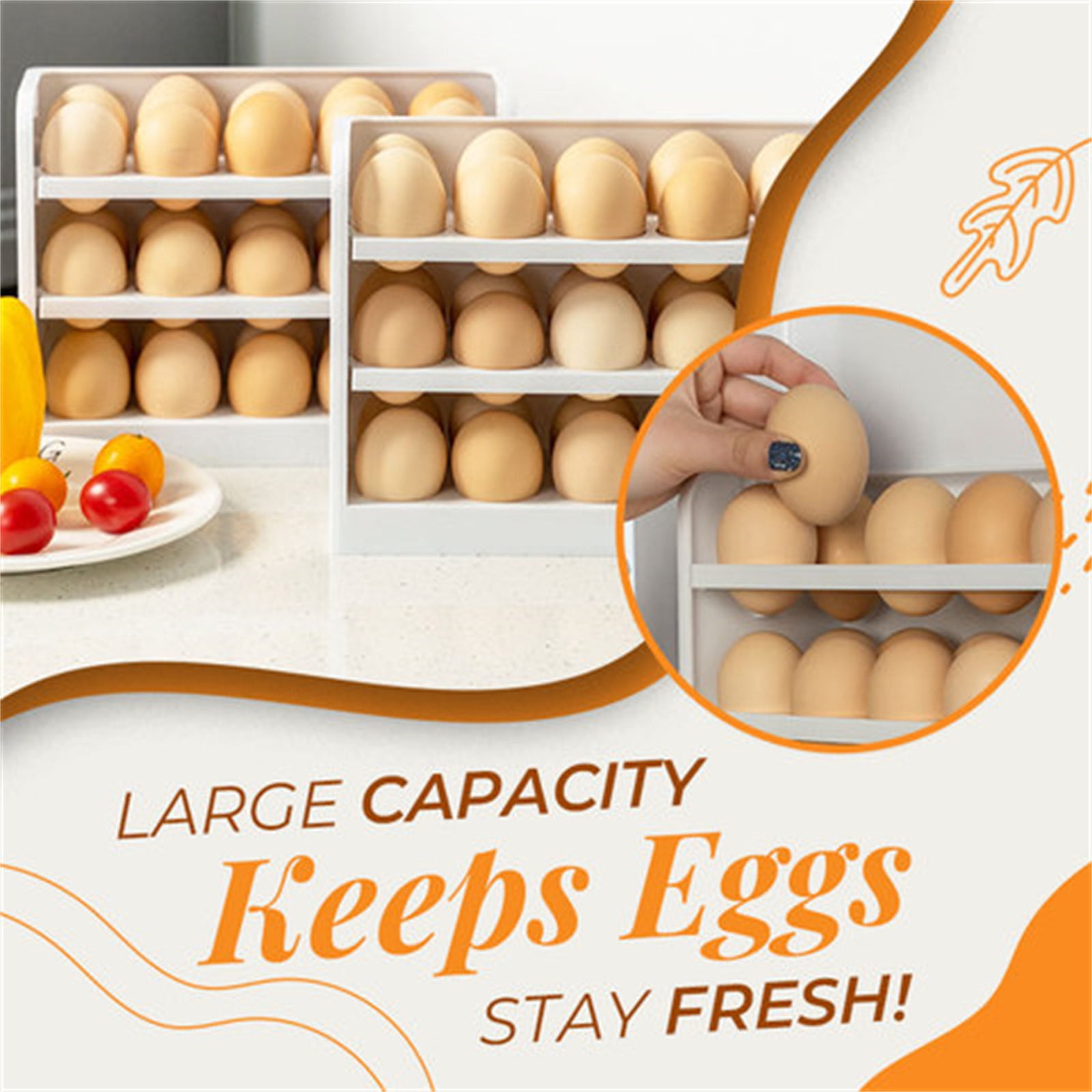 TOUMENY Flip Box 3-Layer Refrigerator Storage Box, 30-Slot Egg Holder for Kitchen Organization, Space-Saving Egg Tray with Turn-Over for Fridge Pantry Countertop