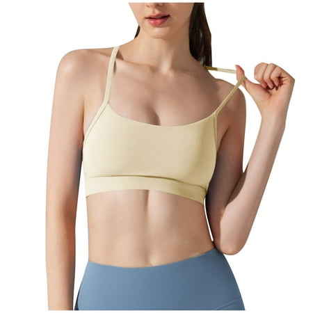 Elabch Womens Sports Bra Longline Wirefree Padded with Medium Support Workout Crop Tank Tops with Built in Bra Beige L