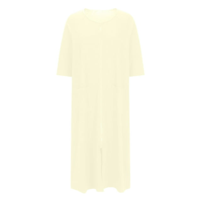 HUJlwoi Chemise de Nuit Zippée pour Femmes Longue Robe de Nuit Couleur Unie Poches Peignoir Manches 3/4 Col Rond Ample