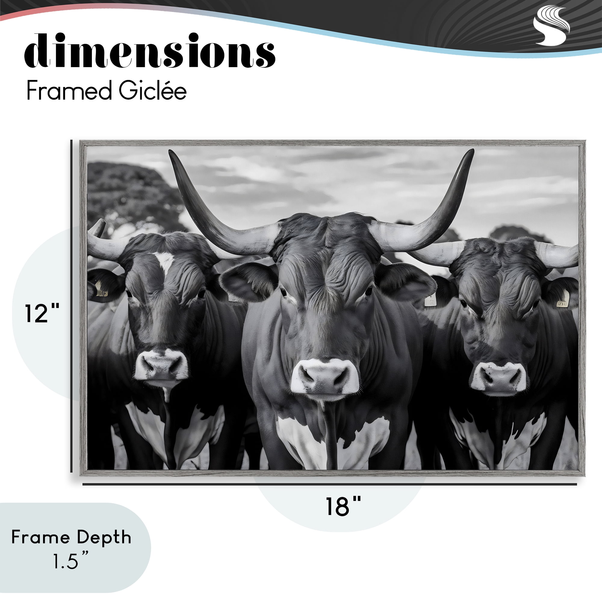 Stupell Industries Three Longhorns in a Row Gray Framed Giclee Art, design by Creative Studio