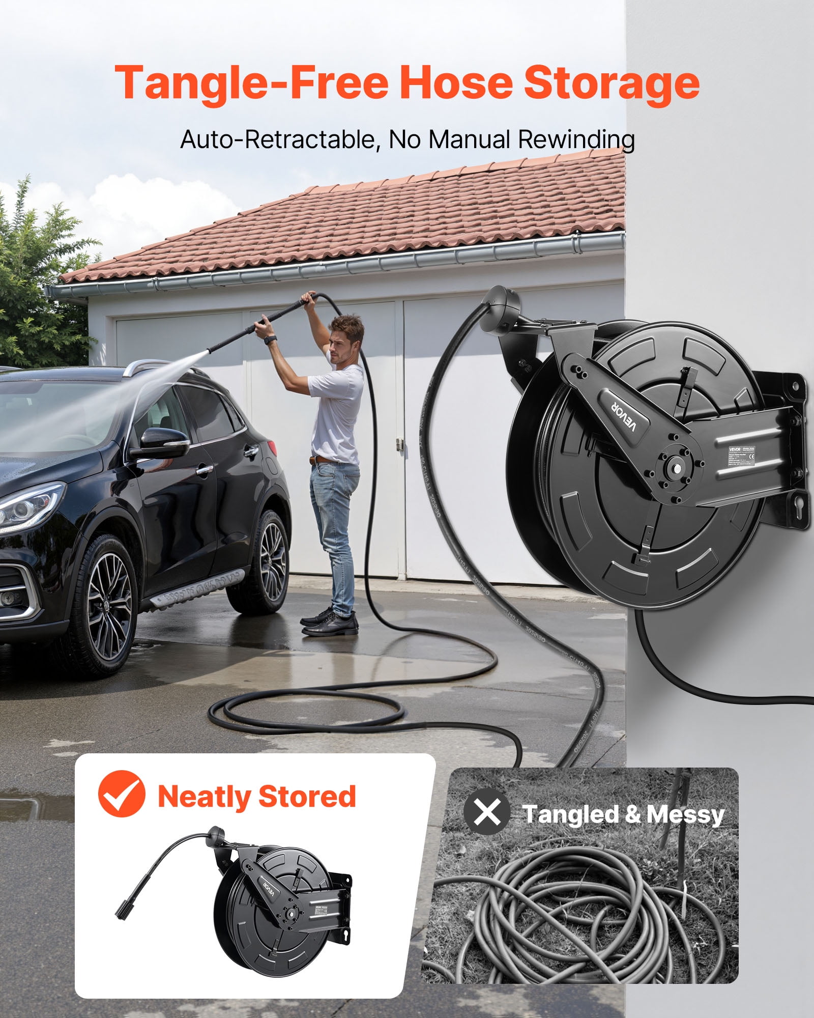 VEVOR Pressure Washer Hose Reel, 50 ft x 3/8 inch Retractable Power Heavy-Duty Steel Washer Hose Reel, 4000PSI Max, Auto-Rewinding, Flexible Wall/Floor Mounted for Car Washing,Garden,Floor Cleaning