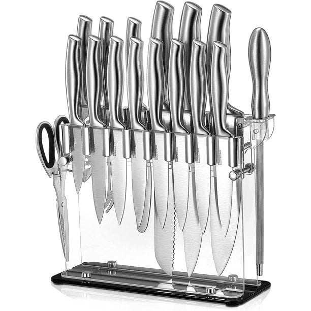 Deik Knife Set High Carbon Stainless Steel Kitchen Knife Set 14 Pieces Super Sharp Cutlery Knife Set with Acrylic Stand - Silver, Brown