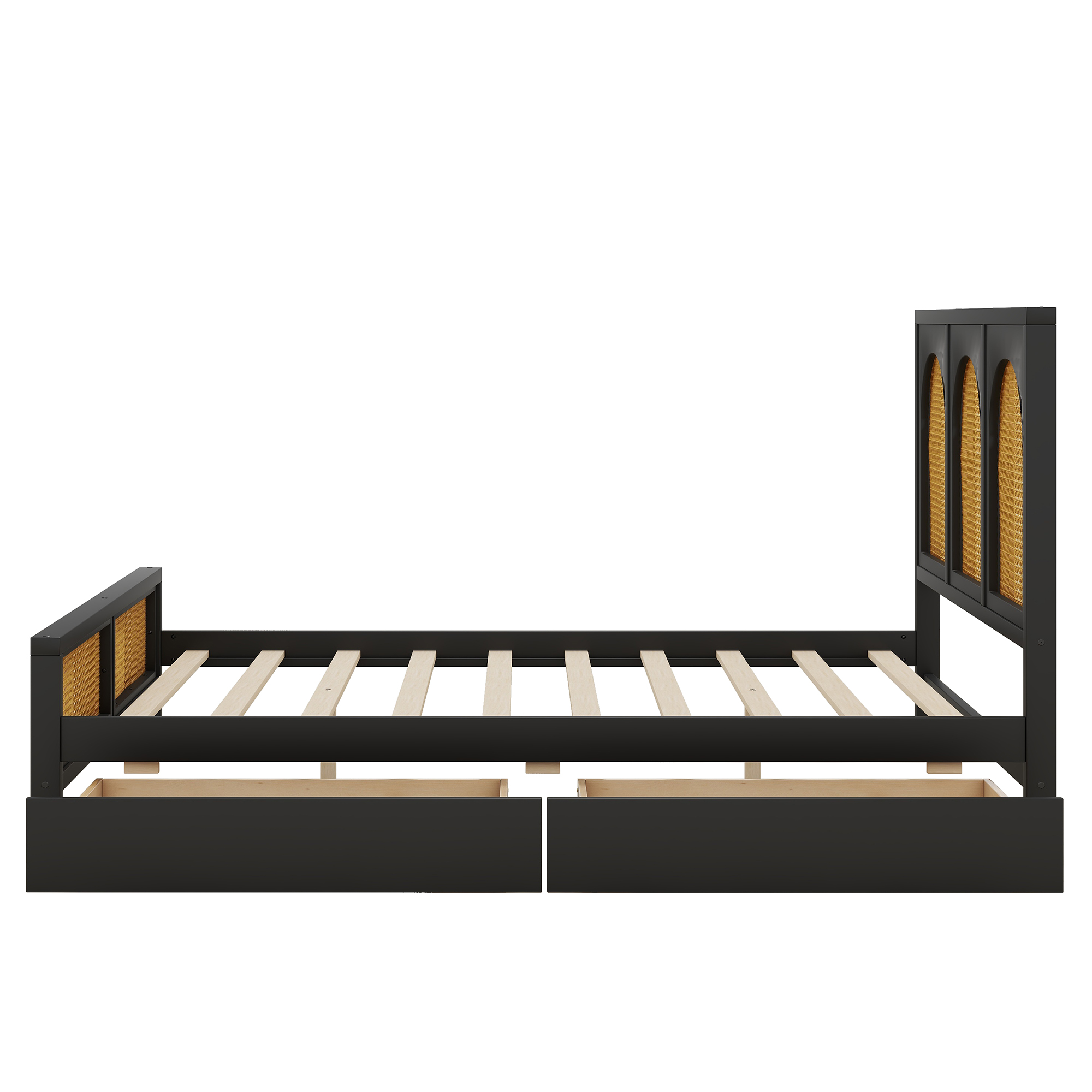 Euroco Full Size Platform Bed with 2 Drawers, Rattan and Wood Frame for Kids Teens, Black