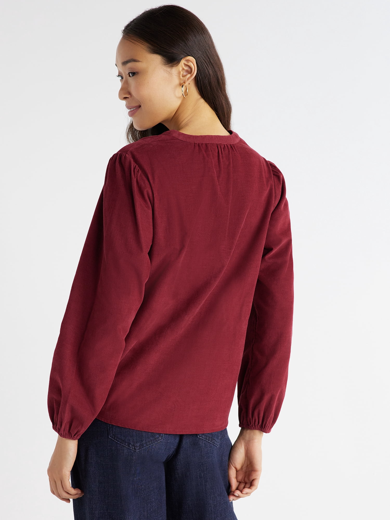 Time and Tru Women's Puff Sleeve Corduroy Top, Sizes XS-XXXL