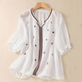 thumbnail image 2 of Summer Womens Tops 2025 Cotton and Linen Plus Size Spring Printed Embroidery Casual Loose T-Shirt Short Sleeve V-Neck Tops Linen Blouse, 2 of 8