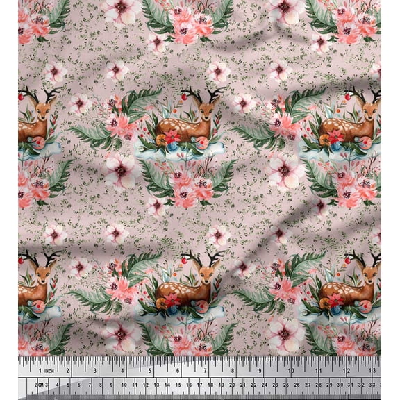 Soimoi Pink Cotton Duck Fabric Deer & Magnolia Floral Print Fabric by Yard 58 Inch Wide