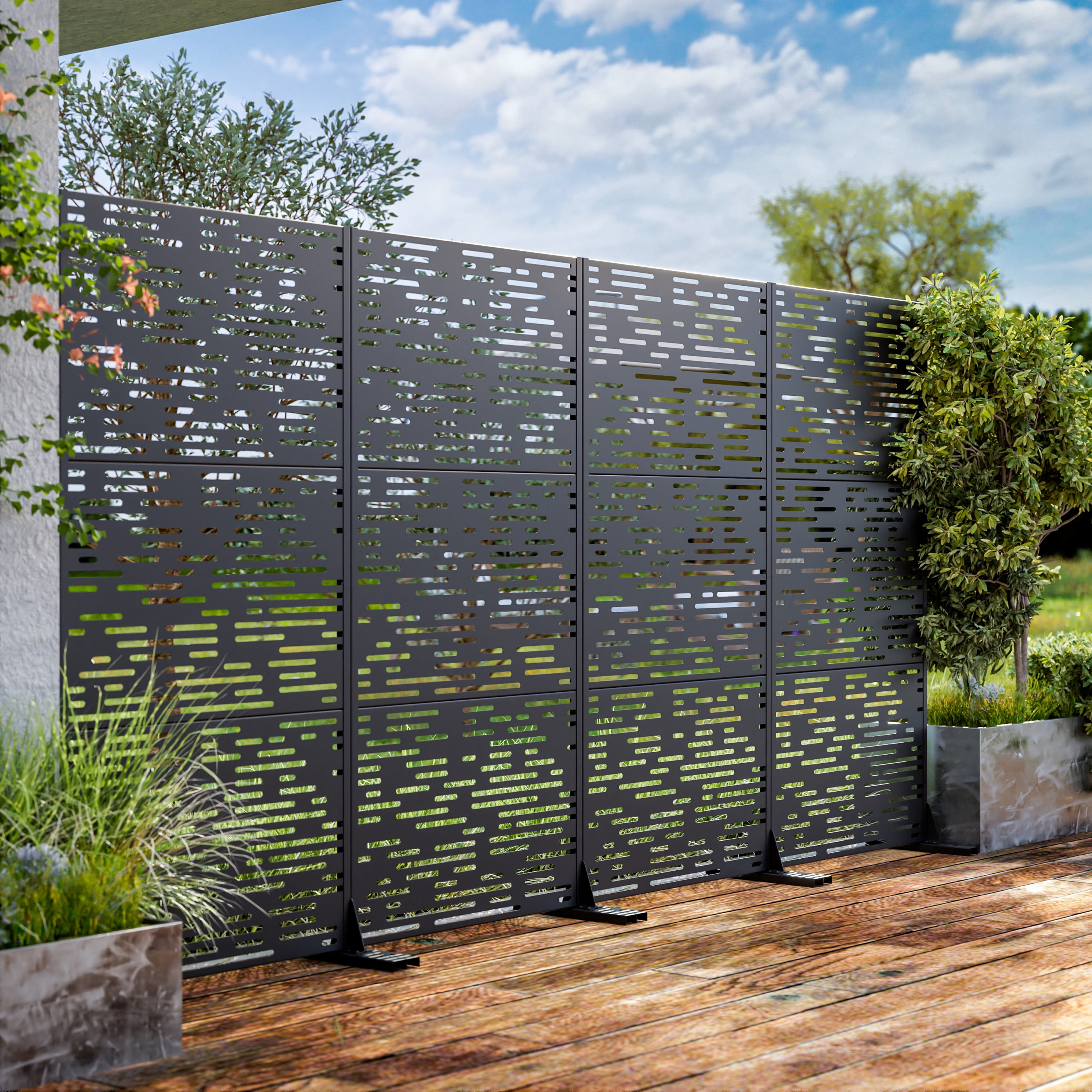 MAYEERTY 72*35" Outdoor Black Metal Privacy Panel Screen for Patio, Light - Shadow Pattern