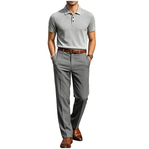 IROINNID Men's 2 Piece Short Sleeve Waffle Shirt and Dress Pants Set Pleated Front Belt Loops Business Casual Workwear Suit