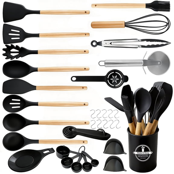 Silicone Cooking Utensils Set, Heat Resistant Kitchen Tools, 36 PCS Non-Stick Silicone Cooking Kitchen Utensils, Black