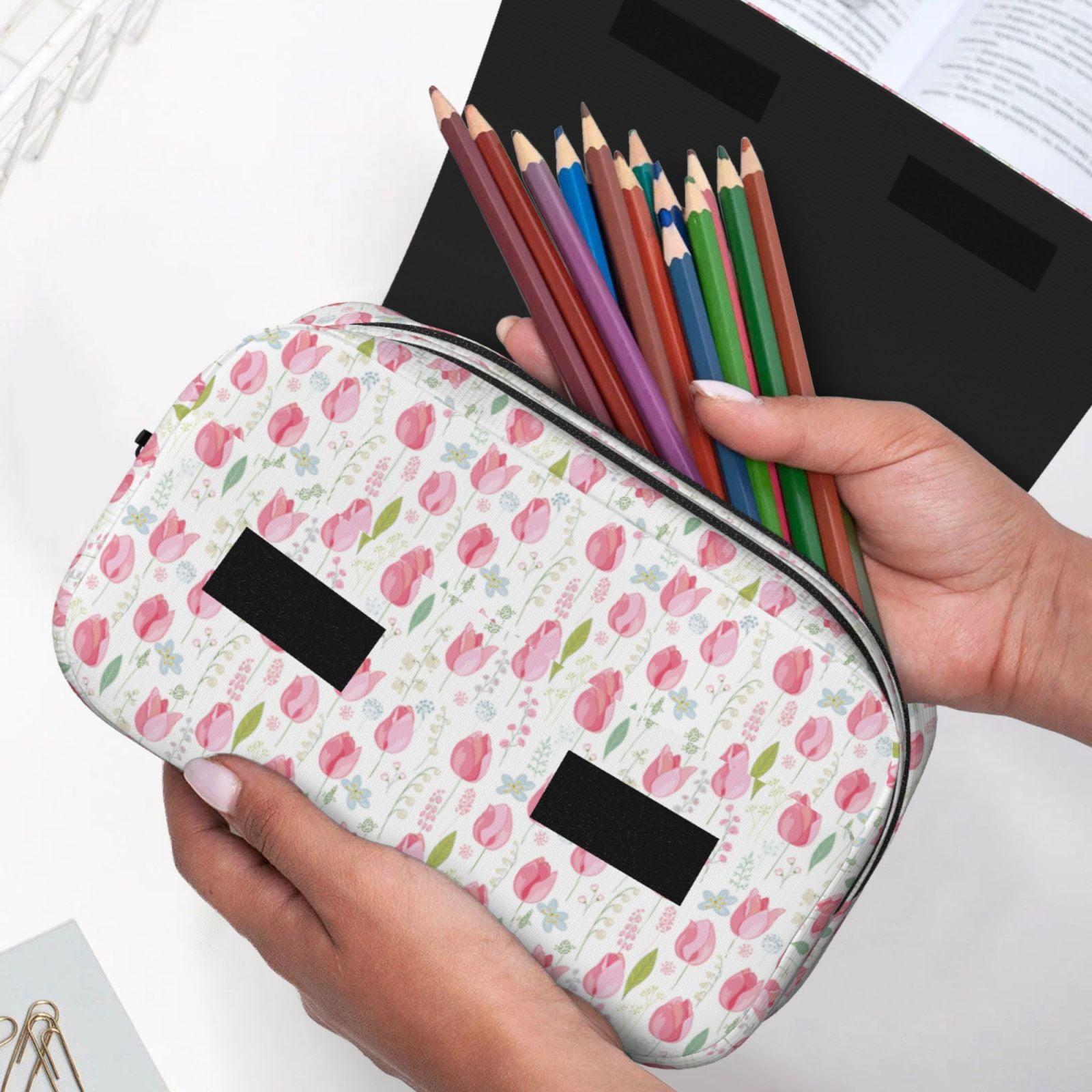 Rateoe Tulips Flowers Pattern Double Clamshell Pen Case, Storage Organizer with Two Zipper Compartments– Holds Up to 50 Pencils & Pens