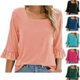 thumbnail image 3 of YOTMKGDO T-Shirts for Women, Crew Neck Women's Casual Tops Summer Square Neck T Shirts Ruffle Loose Fit Tunic Blouses 3/4 Sleeve (Blue, XL), 3 of 4