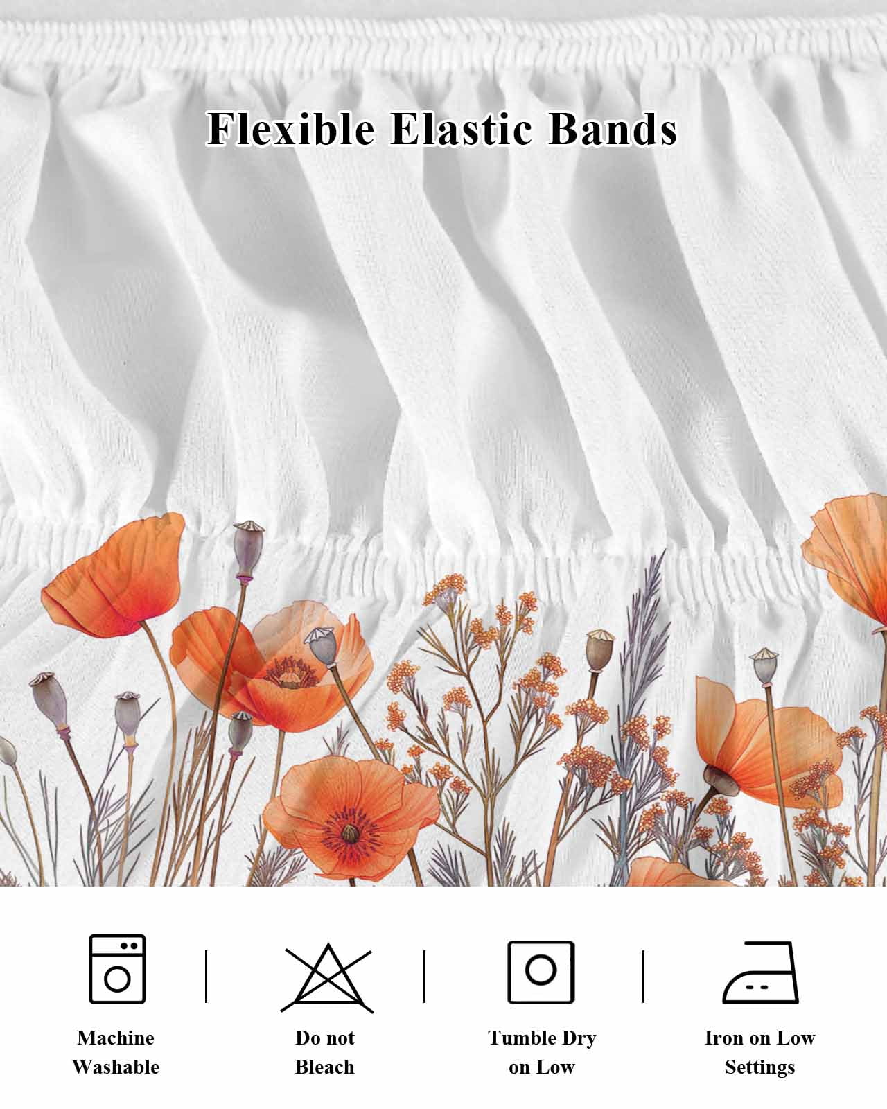 Orange Spring Floral Wrap Around Bed Skirts for Queen Bed 16" Drop, Bed Skirt with Adjustable Elastic Belt Dust Ruffle Bed Valance for Bedroom Hotel Luxury Watercolor Summer Botanical Bed Frame Cover