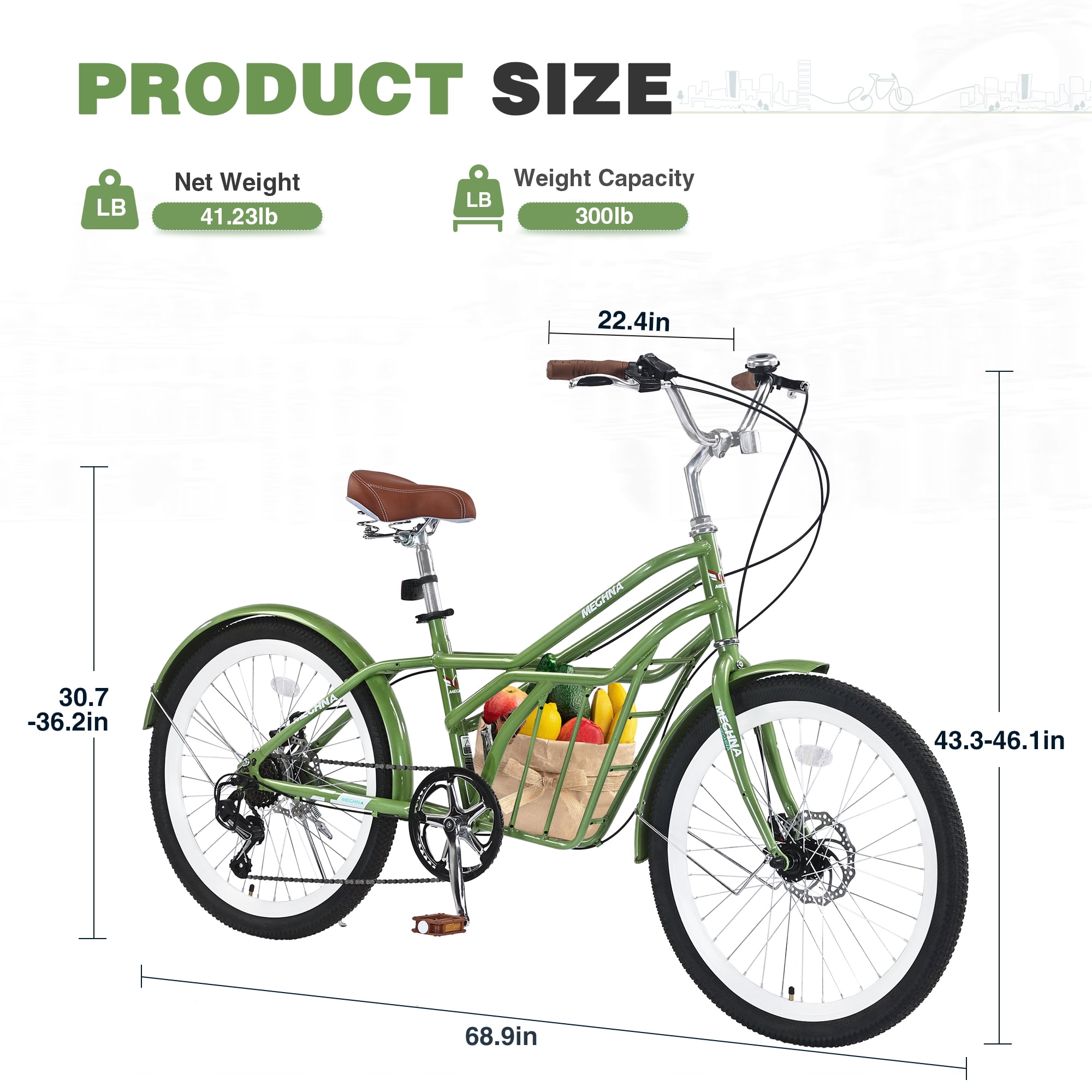 Meghna 24 inch Commuter Bike 6 Speed Dual Disc Brake with Front Storage for Women Daily Commuting Green