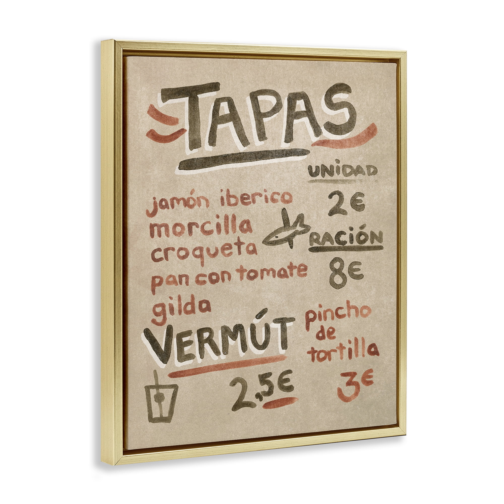 Stupell Industries Spanish Tapas Menu Food & Beverage Painting Gold Floater Framed Canvas Art Print Wall Art, 25 x 31