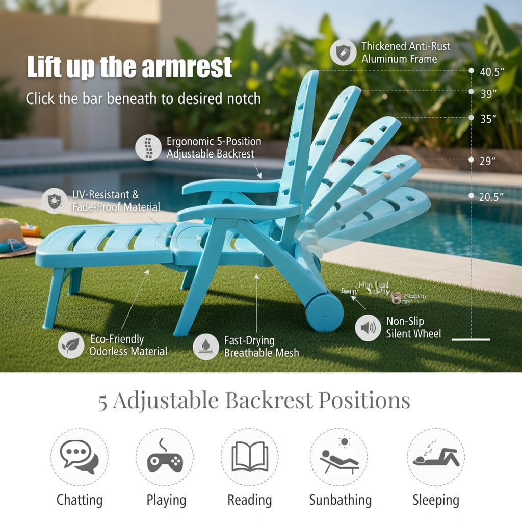 Hommoo 5-Position Adjustable Folding Chaise Lounge Chair, Outdoor Lounger with Wheels, Heavy-Duty PP Frame, Turquoise