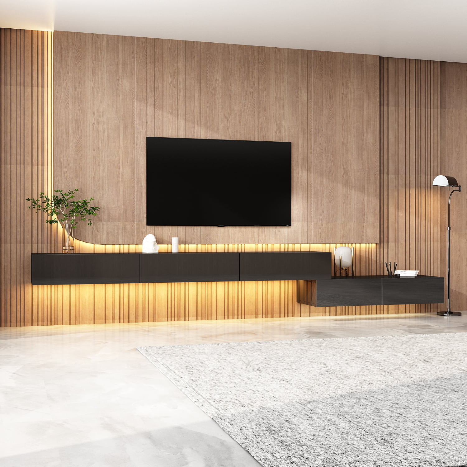 KULAGAGA Floating Wall Mounted TV Stand Media Console with High Gloss Drawers and Led Lights for Living Room, Black