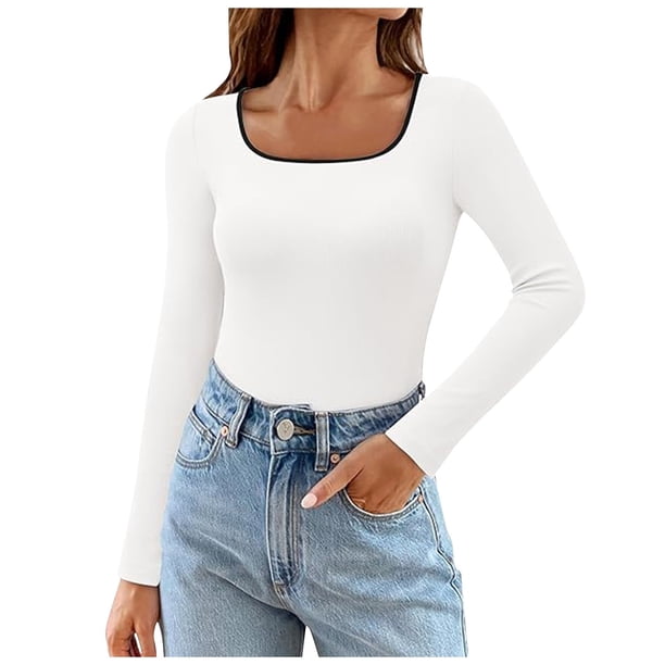 Top de manga larga con cuello cuadrado para mujer - Jersey de punto otoño 2025, corte ajustado, bloques de color, poliéster/spandex, tallas S-XL, contorno de pecho 79-95 cm