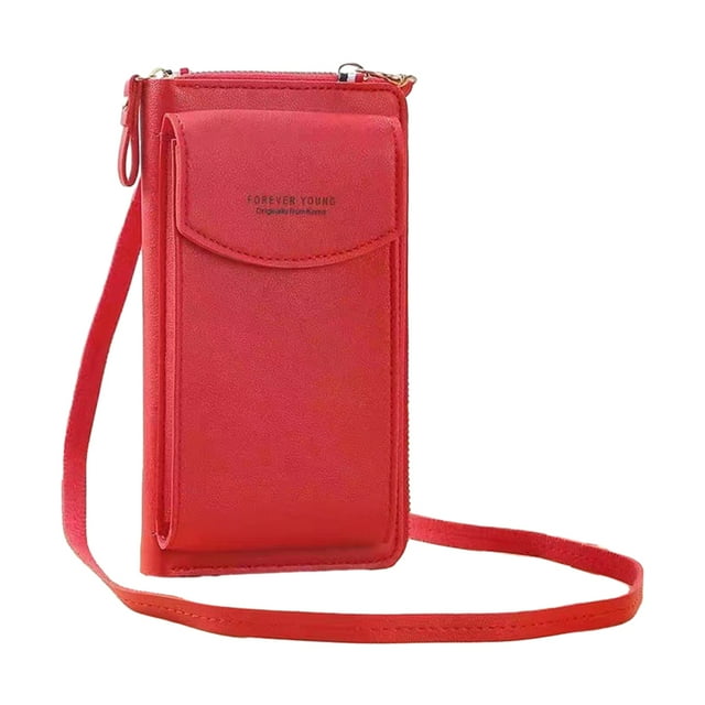Jumpingount Cartera de cuero PU para mujer, cremallera de Color sólido, tarjetero de estilo Simple, bolsillo para monedas, compartimento para Bolsas de mensajero y de hombro Rojo