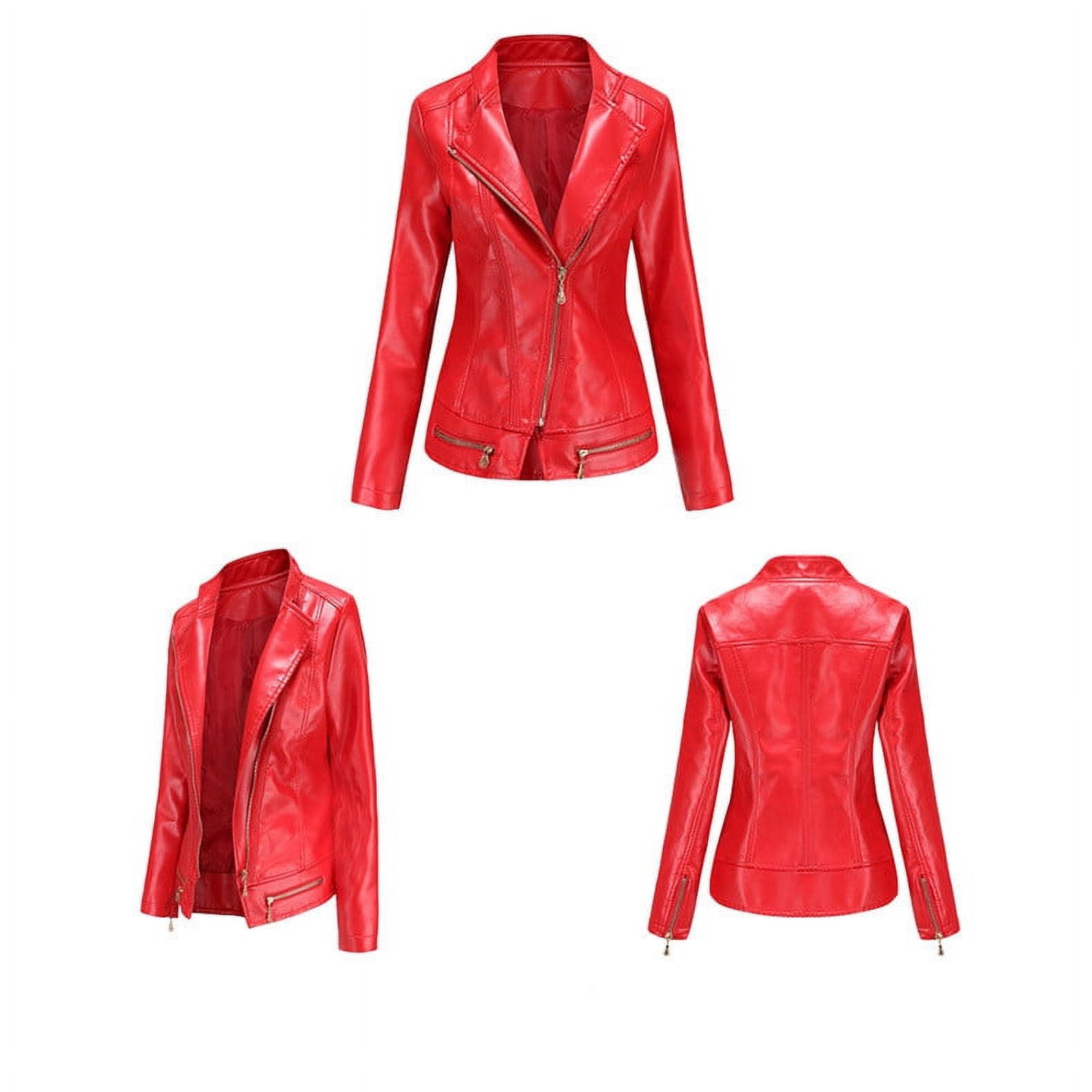Faux Leather Moto Biker Jacket Women Zipper Lapel Collar Motorcycle Fitted Fall Coats Outwear Plus Size Long Sleeve (XX-Large, Red)