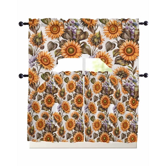 Sunflower Rustic Kitchen Curtains Sets 36 Inch Length with Valance, Fall Vintage Botanical Floral Leaves Swag Valances and Tiers Curtain Set Drapes Swag Curtains for Living Room, Bathroom, Bedroom
