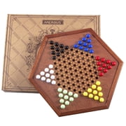 AMEROUS 12.5 inches Wooden Chinese Checkers Set with Storage Drawer Kids and Adults- 60 Acrylic Marbles in 6 Colors - 12 Bonus Spare Marbles