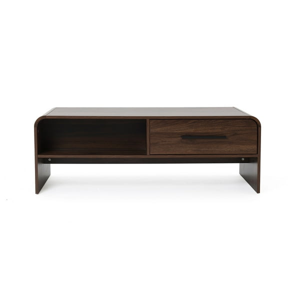 LuxenHome Walnut Finish 2-Drawer Coffee Table, Engineered Wood Open Storage Center Table with Rounded Corners for Living Room