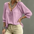 thumbnail image 6 of HaCpiu Women's Solid V-Neck Ruffle Blouse, Casual Loose 3/4 Sleeve Tie-Front Tunic Top, Lightweight Flowy Shirt with Elastic Ruffled Cuffs, Pink XXL, 6 of 6