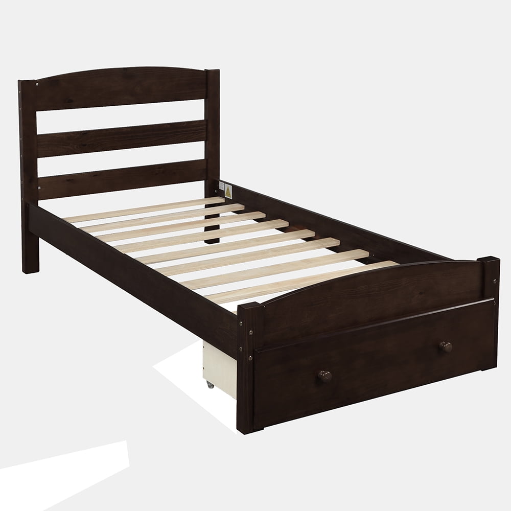 Twin Platform Beds with Storage Drawers, Wood Bed Frame with Slat Support, Espresso Twin Platform Beds with Storage Drawers, Wood Bed Frame with Slat Support, Espresso