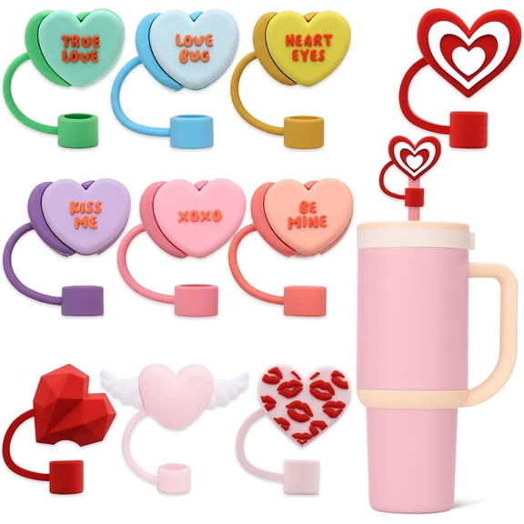 10pcs Valentine Straw Toppers Reusable Silicone Love Heart Straw Topper for Stanley Cup 10mm 0.4in, Cute Straws Lids Protectors with Bow Design, Valentines Cover Cap Party Cup Decorations Accessories