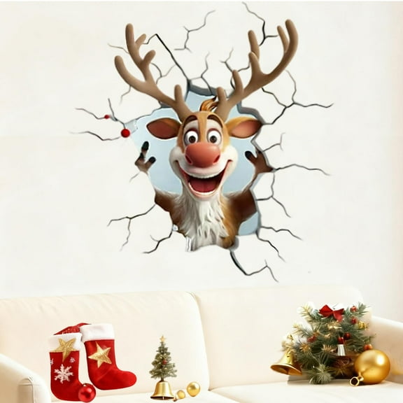 Christmas Creative Wall Sticker, Large 3D Santa Claus Wall Decals, Reindeer Door Sticker, Santa Claus Breaking Through Wall Cartoon Design, Holiday Home Decor