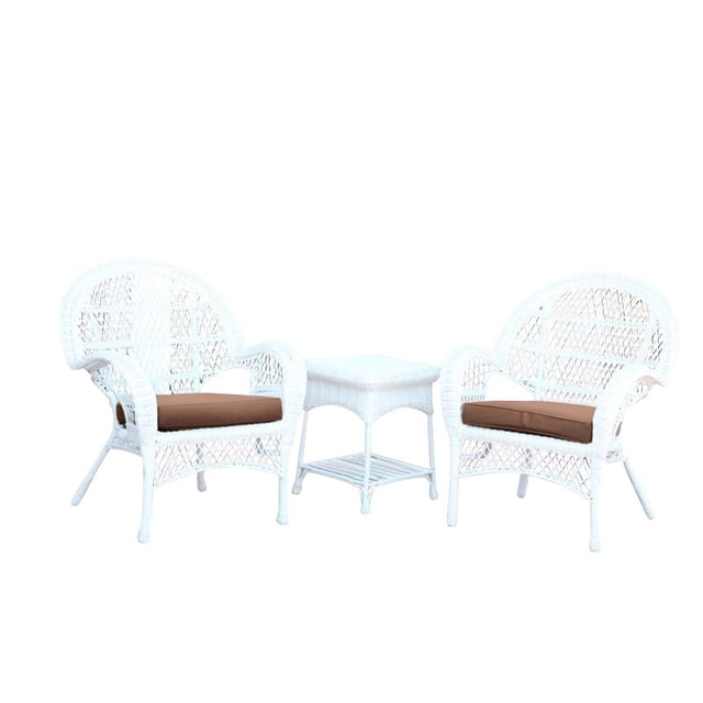 Jeco Ensemble de Conversation en Osier 3 Pcs Blanc avec Coussins Marron