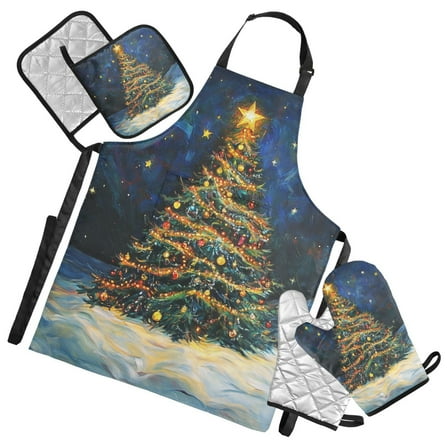 Starry Night Christmas Tree Apron Set with Oven Mitts Pot Holders Set of 5 Kitchen Stuff Accessories