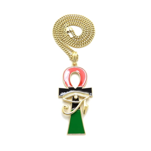 iJewelry2 Ancient Egyptian Afro-American Colored ANKH Cross with Eye of RA Motif Gold Tone Cuban Chain Pendant Necklace 24''