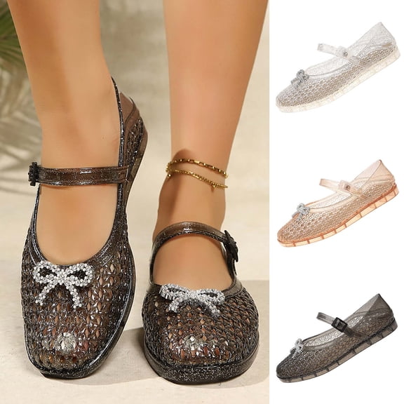 Miluxas Women’s Hollow Mesh Jelly Mary Jane Flats, Rhinestone Bow Ankle Strap Buckle Slip On Shoes, Breathable Glitter Summer Casual Sandals White 8.5(41)