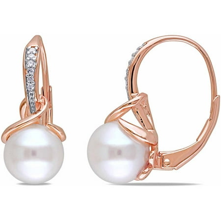 Miabella 8-8.5mm White Round Cultured Freshwater Pearl and Diamond Accent Rose Rhodium-Plated Sterling Silver Leverback Earrings