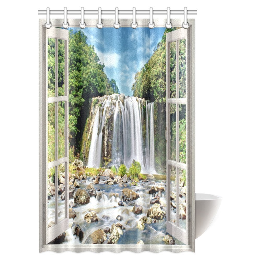 MYPOP Waterfall Shower Curtain Decor, Through White Wooden Windows