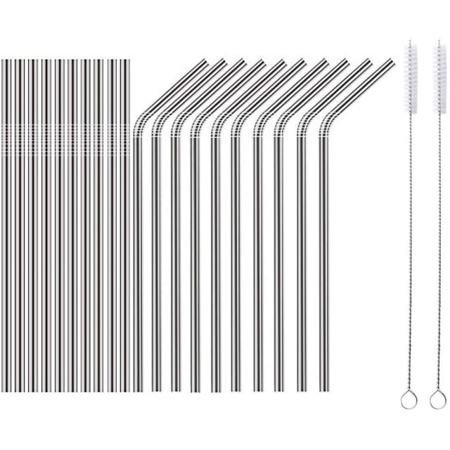 Buyer Star 20 pajitas de metal plateado reutilizables de acero inoxidable con 2 cepillos de limpieza para batidos, bebidas congeladas, batidos, té de burbujas