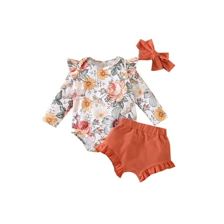 

jaweiw Infant Baby Girls 3 Pieces Fall Outfits Set Floral Print Round Neck Long Sleeve Romper + Solid Color Shorts + Bow Headband Size 0 6 12 18 24 M