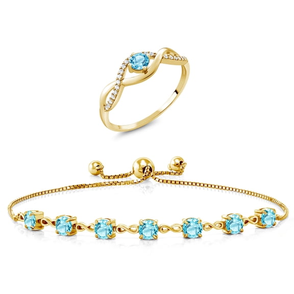 Gem Stone King 4.17 Ct Round Swiss Blue Topaz 18K Yellow Gold Plated Silver Ring and Bracelet Jewelry Set (Size 5)