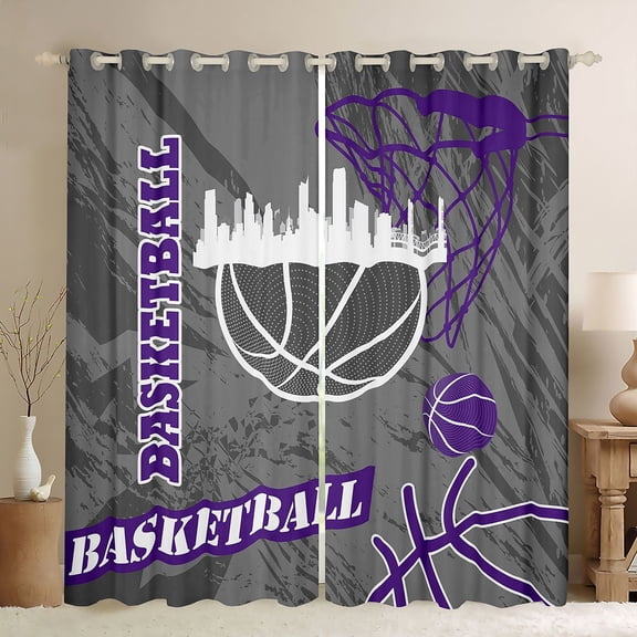 Feelyou Modern Basketball Player Blackout Curtains Set of 2 (52x84 Each) for Kid, Cartoon Ball Game Window Curtains, Abstract Grey Purple Curtains and Drapes, Living Room Curtains Decor